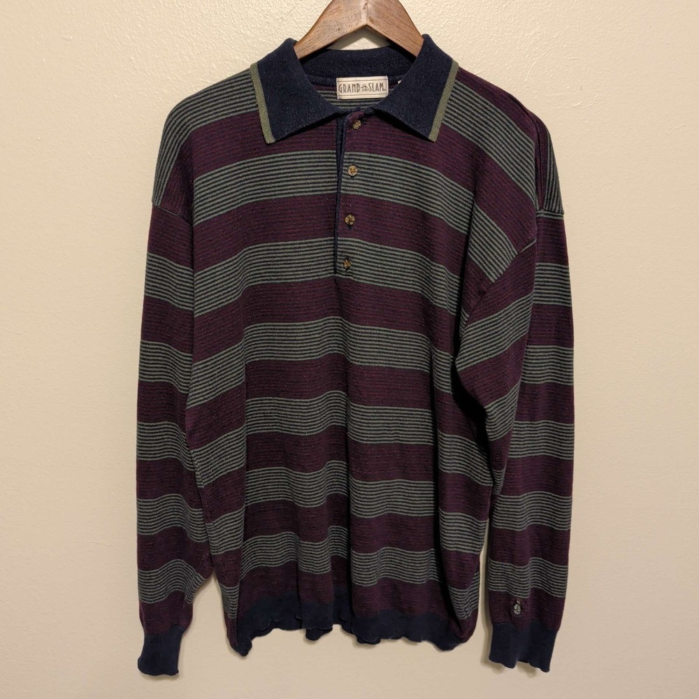 Grand‎ Slam Polo Sweater Mens XL Burgundy Navy Striped Long Sleeve Knit Penguin